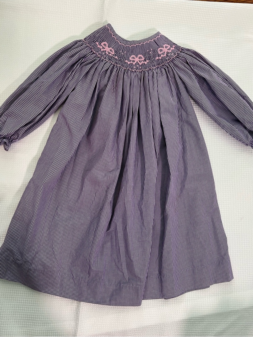 Stitchy Fish Girls Purple Gingham Smocked Dress Pink Bows Size 5